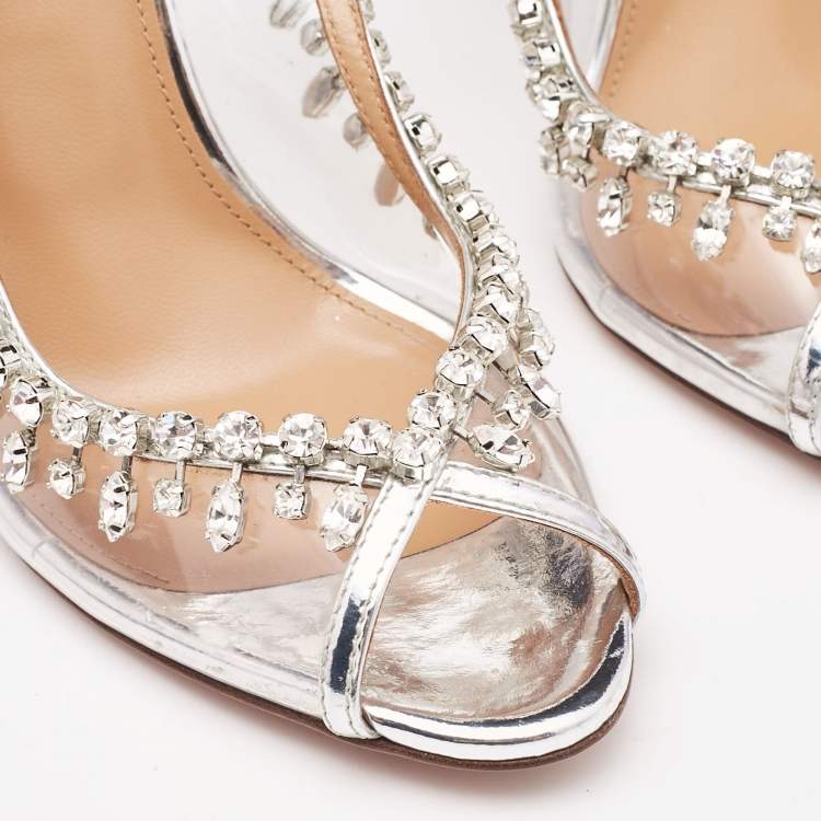 Pre Owned Aquazzura Transparent/Silver PVC and Patent Leather Temptation Slingback Sandals Size 38.5