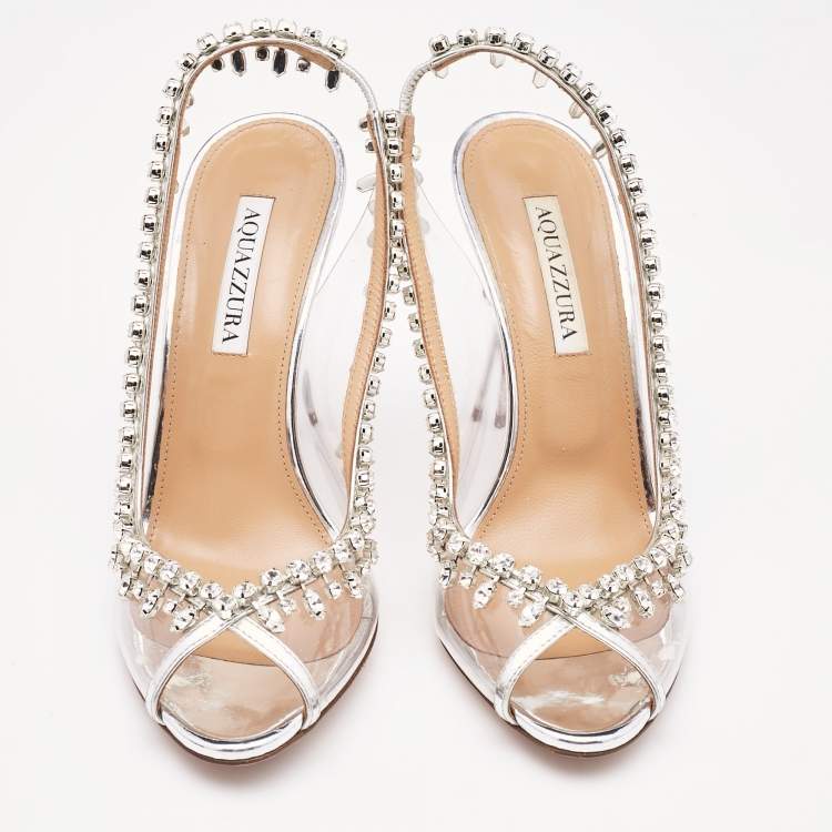 Pre Owned Aquazzura Transparent/Silver PVC and Patent Leather Temptation Slingback Sandals Size 38.5