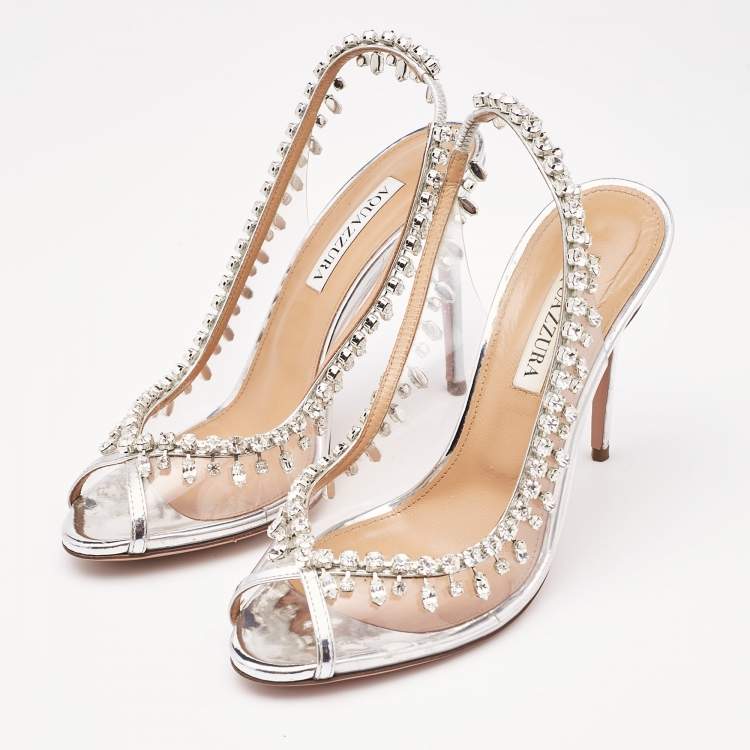 Pre Owned Aquazzura Transparent/Silver PVC and Patent Leather Temptation Slingback Sandals Size 38.5