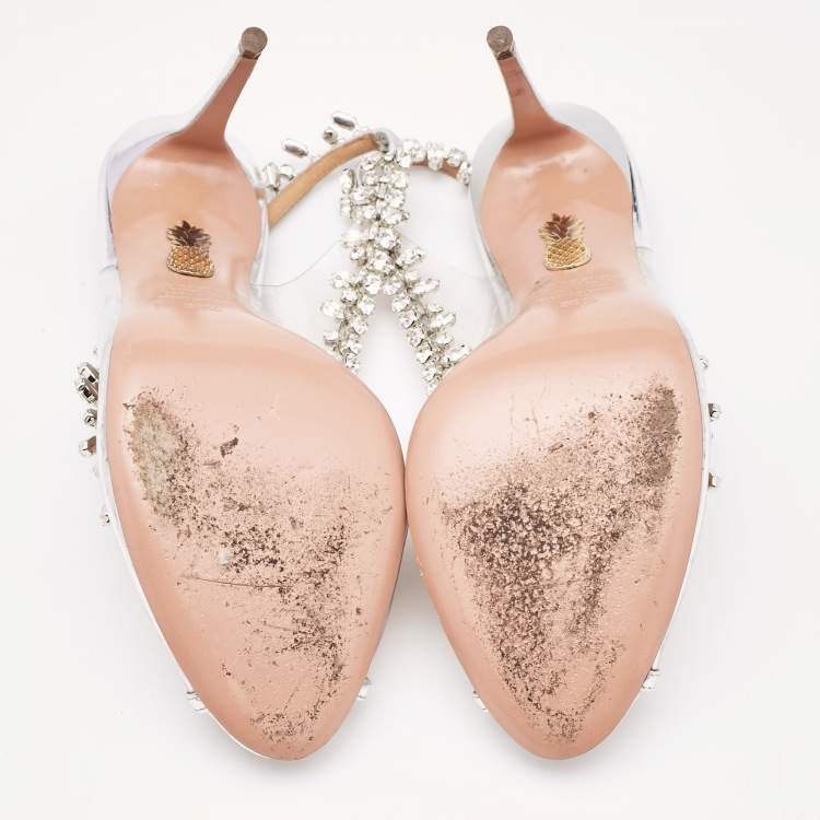 Pre Owned Aquazzura Transparent/Silver PVC and Patent Leather Temptation Slingback Sandals Size 38.5