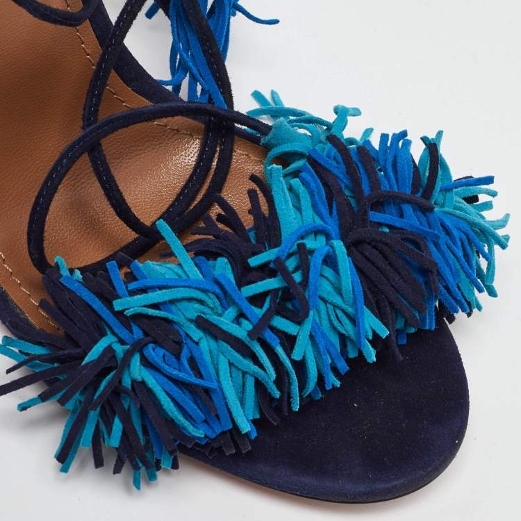 Pre Owned Aquazzura Blue Suede Wild Thing Fringe Ankle Strap Sandals Size 38