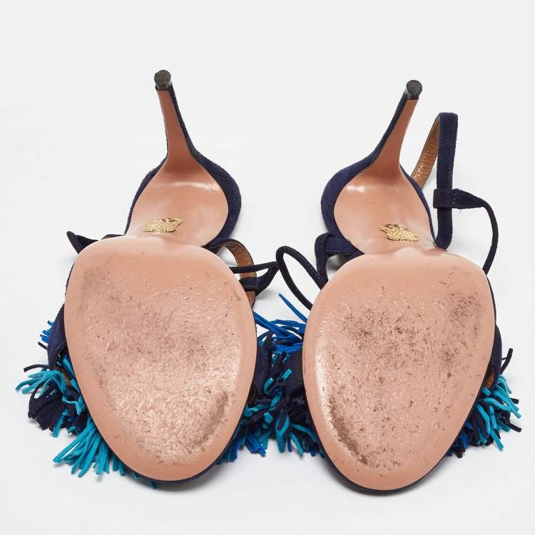 Pre Owned Aquazzura Blue Suede Wild Thing Fringe Ankle Strap Sandals Size 38