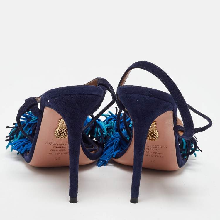 Pre Owned Aquazzura Blue Suede Wild Thing Fringe Ankle Strap Sandals Size 38