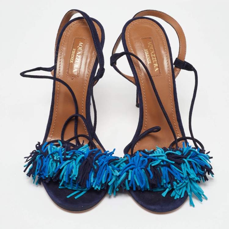 Pre Owned Aquazzura Blue Suede Wild Thing Fringe Ankle Strap Sandals Size 38