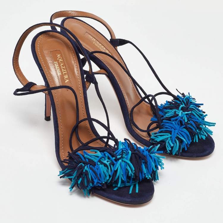 Pre Owned Aquazzura Blue Suede Wild Thing Fringe Ankle Strap Sandals Size 38