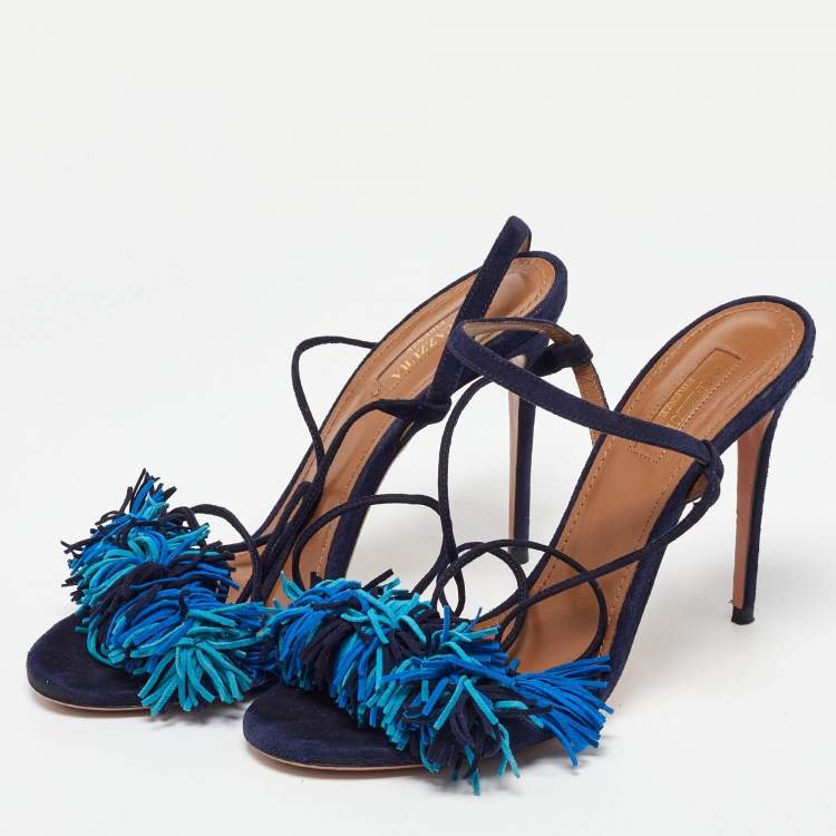 Pre Owned Aquazzura Blue Suede Wild Thing Fringe Ankle Strap Sandals Size 38