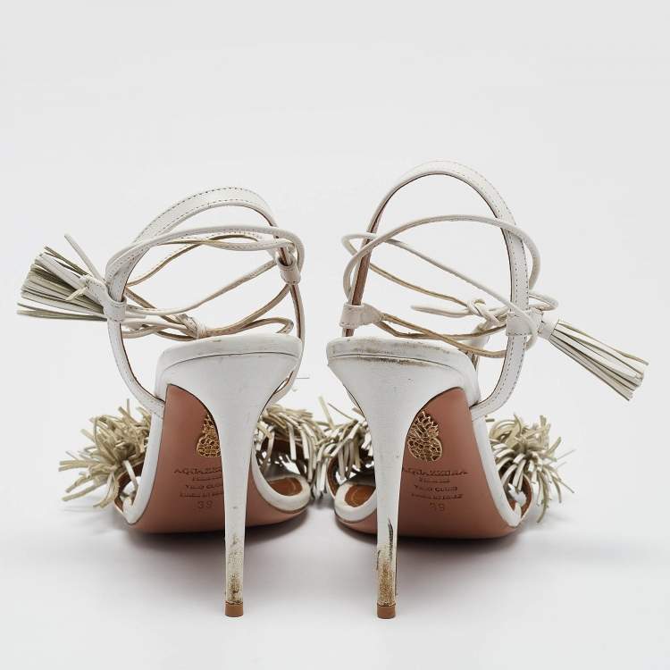 Pre Owned Aquazzura White Leather Wild Thing Ankle Tie Sandals Size 39