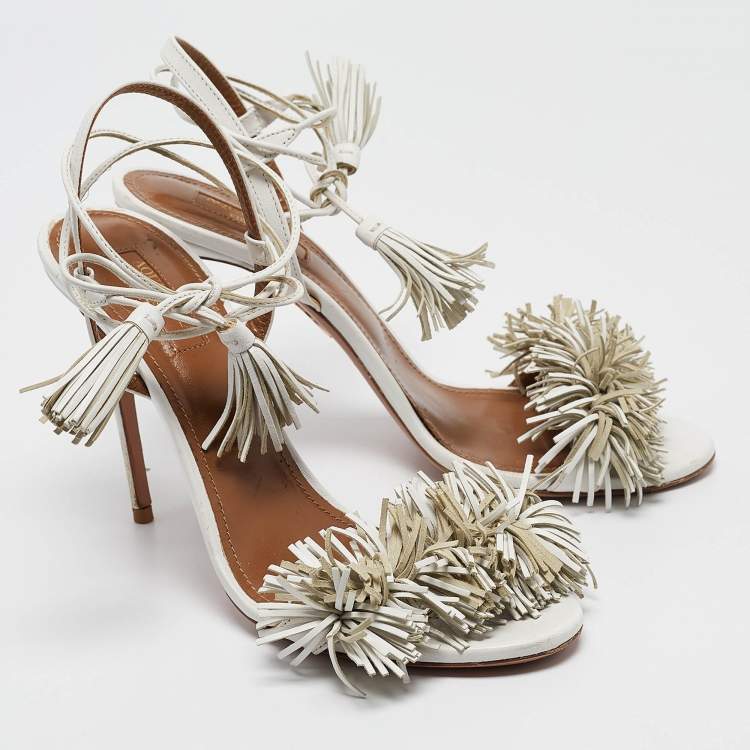 Pre Owned Aquazzura White Leather Wild Thing Ankle Tie Sandals Size 39