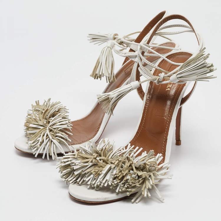 Pre Owned Aquazzura White Leather Wild Thing Ankle Tie Sandals Size 39