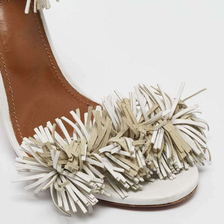Pre Owned Aquazzura White Leather Wild Thing Ankle Tie Sandals Size 39