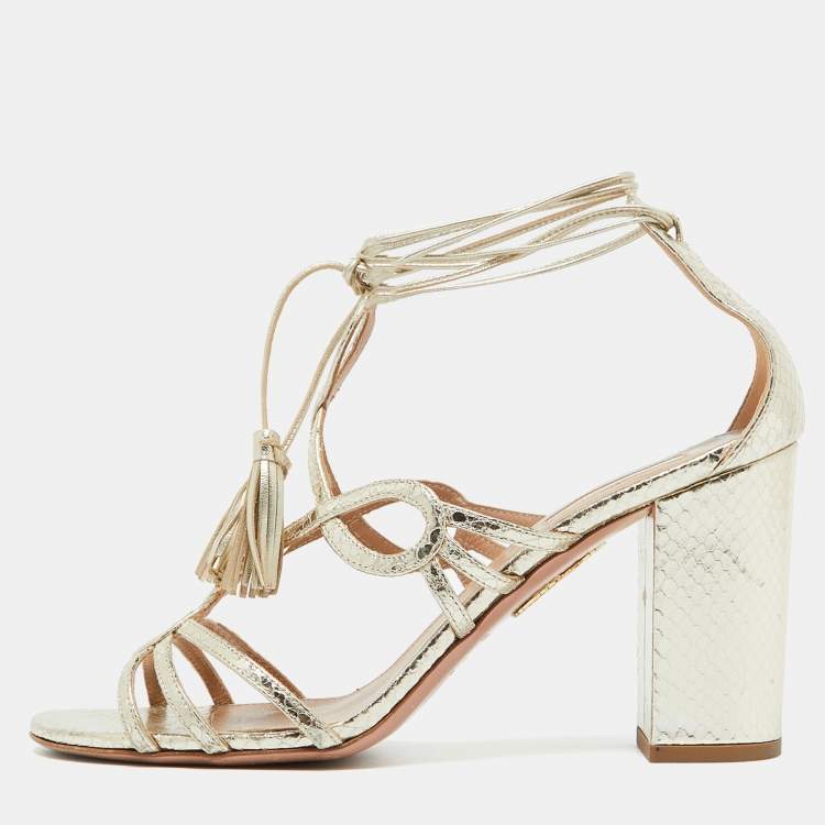 Pre Owned Aquazzura Gold Snakeskin Embossed Leather Gitana Ankle Strap Sandals Size 41