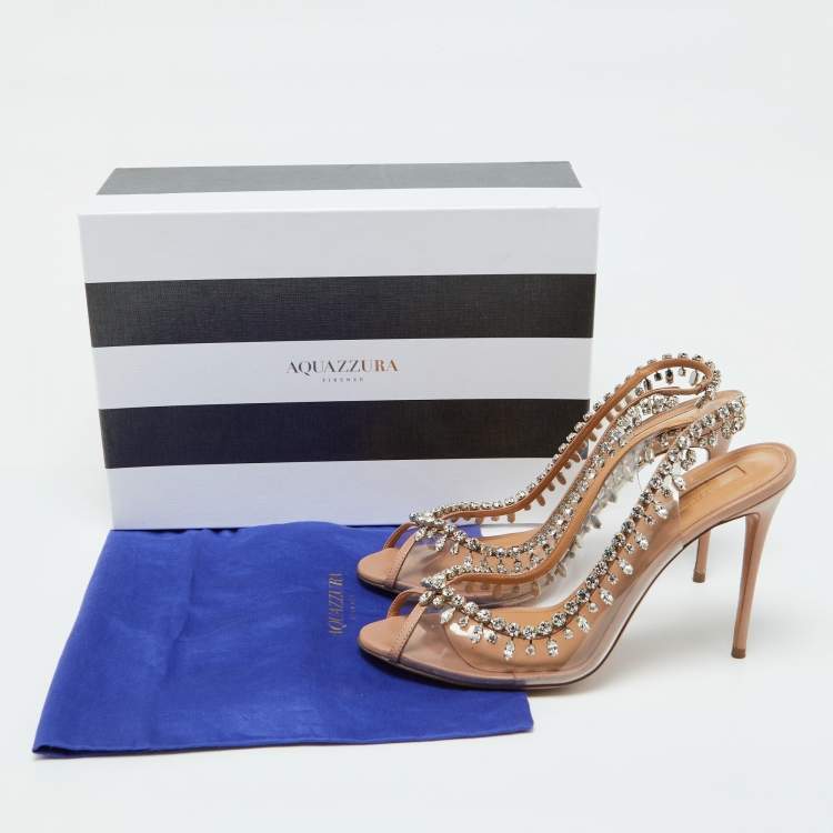 Pre Owned Aquazzura Beige Leather and PVC Crystal Temptation Slingback Sandals Size 41