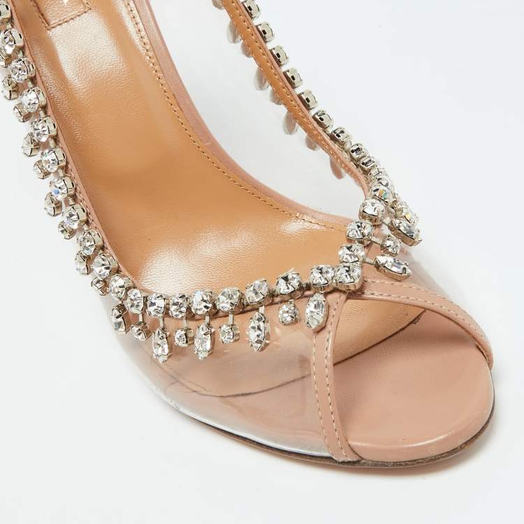 Pre Owned Aquazzura Beige Leather and PVC Crystal Temptation Slingback Sandals Size 41