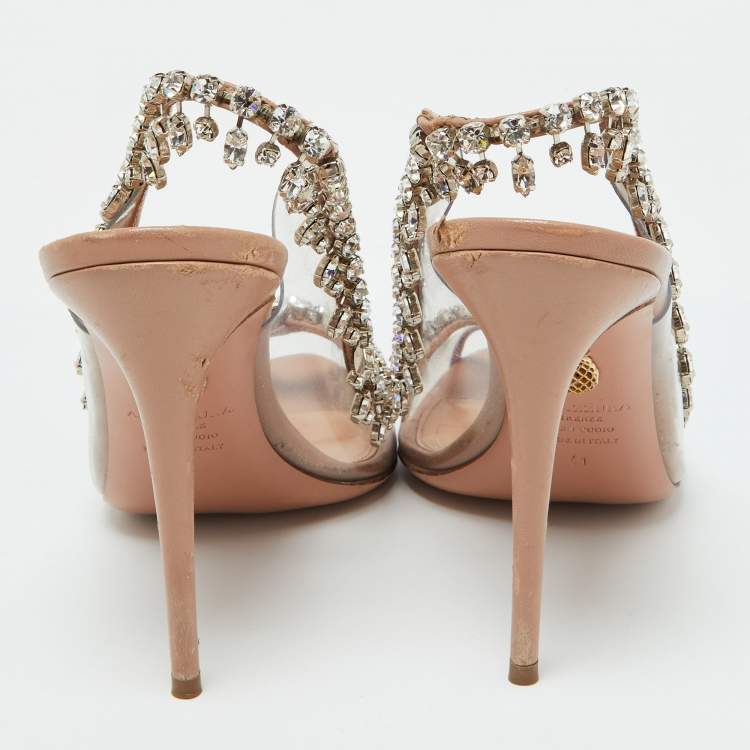 Pre Owned Aquazzura Beige Leather and PVC Crystal Temptation Slingback Sandals Size 41