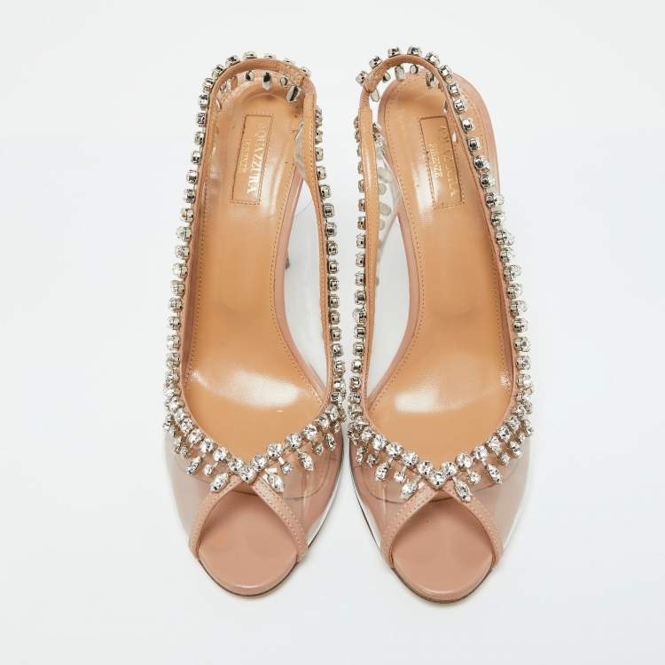 Pre Owned Aquazzura Beige Leather and PVC Crystal Temptation Slingback Sandals Size 41