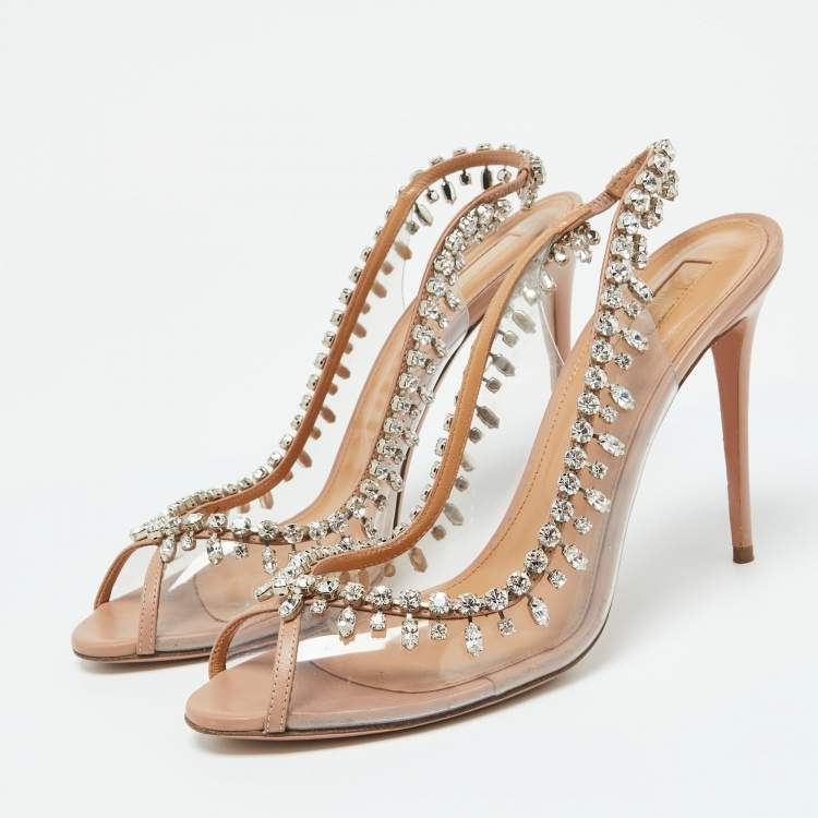 Pre Owned Aquazzura Beige Leather and PVC Crystal Temptation Slingback Sandals Size 41