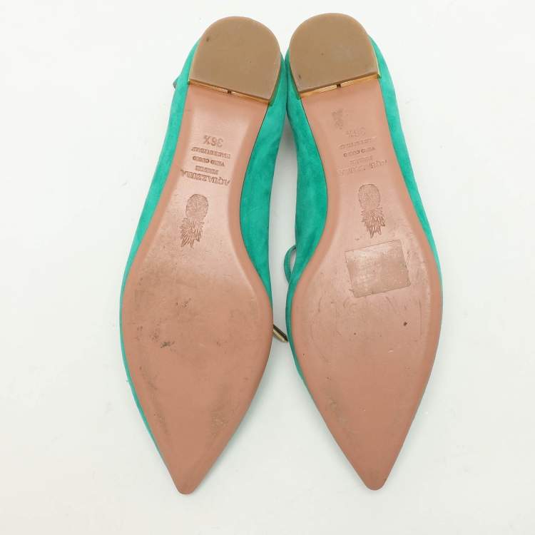 Pre Owned Aquazzura Green Suede Christy Ankle Wrap Flats Size 36.5