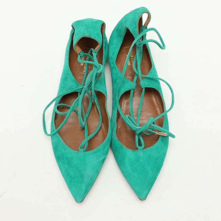 Pre Owned Aquazzura Green Suede Christy Ankle Wrap Flats Size 36.5