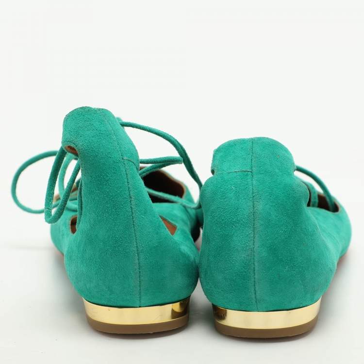 Pre Owned Aquazzura Green Suede Christy Ankle Wrap Flats Size 36.5