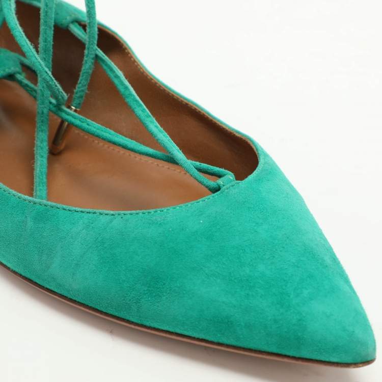 Pre Owned Aquazzura Green Suede Christy Ankle Wrap Flats Size 36.5