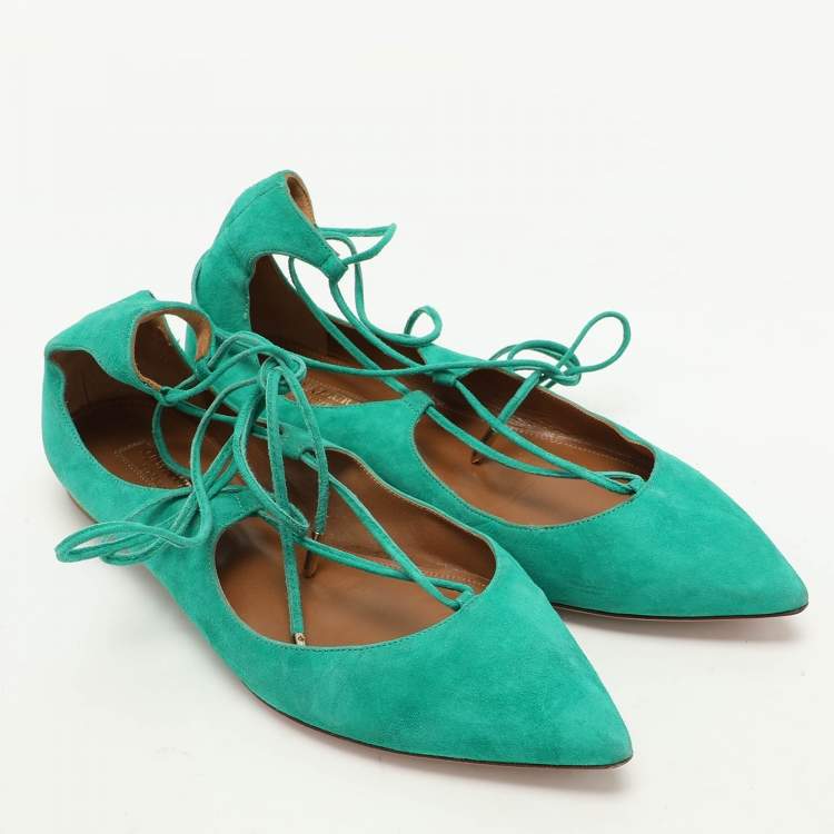 Pre Owned Aquazzura Green Suede Christy Ankle Wrap Flats Size 36.5