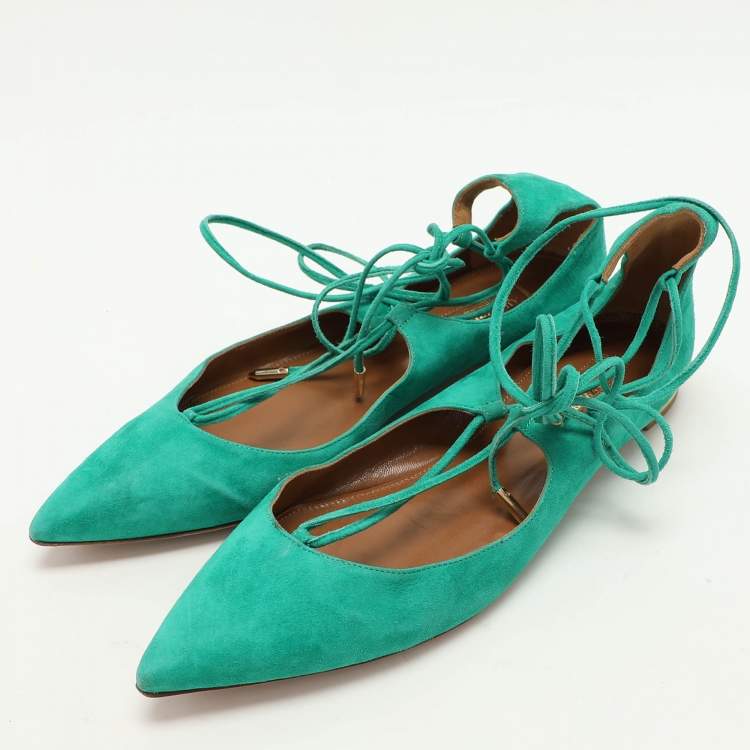 Pre Owned Aquazzura Green Suede Christy Ankle Wrap Flats Size 36.5