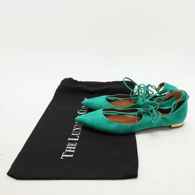 Pre Owned Aquazzura Green Suede Christy Ankle Wrap Flats Size 36.5