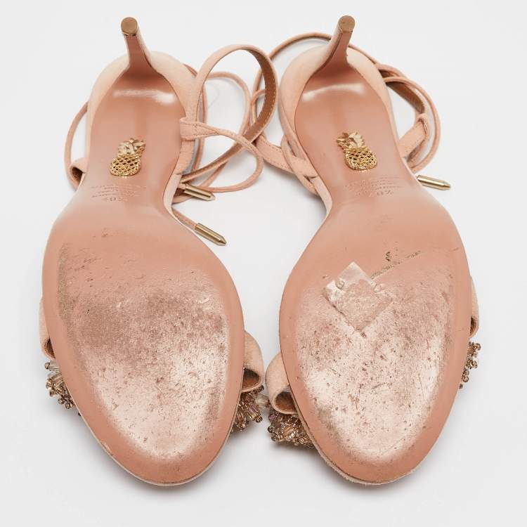 مملوكة مسبقًا Aquazzura Pink Suede Embellished Monaco Ankle Tie Sandals Size 40.5