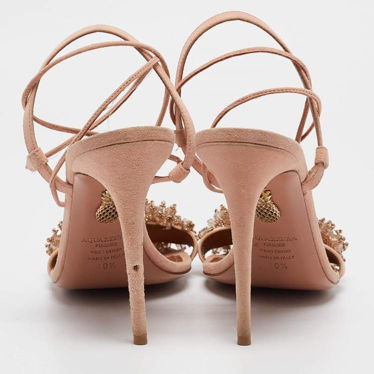 مملوكة مسبقًا Aquazzura Pink Suede Embellished Monaco Ankle Tie Sandals Size 40.5