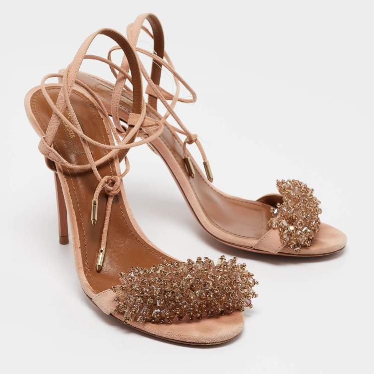 مملوكة مسبقًا Aquazzura Pink Suede Embellished Monaco Ankle Tie Sandals Size 40.5