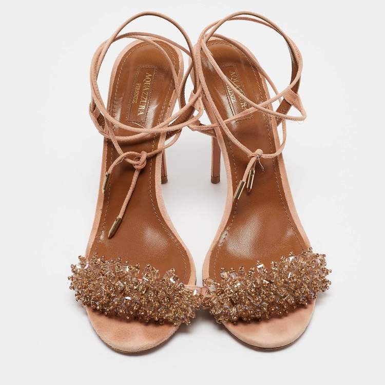 مملوكة مسبقًا Aquazzura Pink Suede Embellished Monaco Ankle Tie Sandals Size 40.5