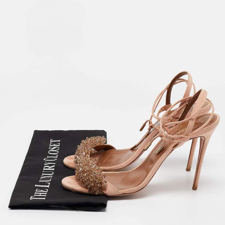 مملوكة مسبقًا Aquazzura Pink Suede Embellished Monaco Ankle Tie Sandals Size 40.5