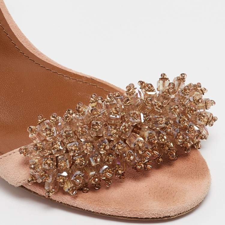 مملوكة مسبقًا Aquazzura Pink Suede Embellished Monaco Ankle Tie Sandals Size 40.5