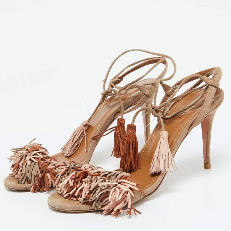 Pre Owned Aquazzura Multicolor Suede Wild Thing Fringe Ankle Strap Sandals Size 37