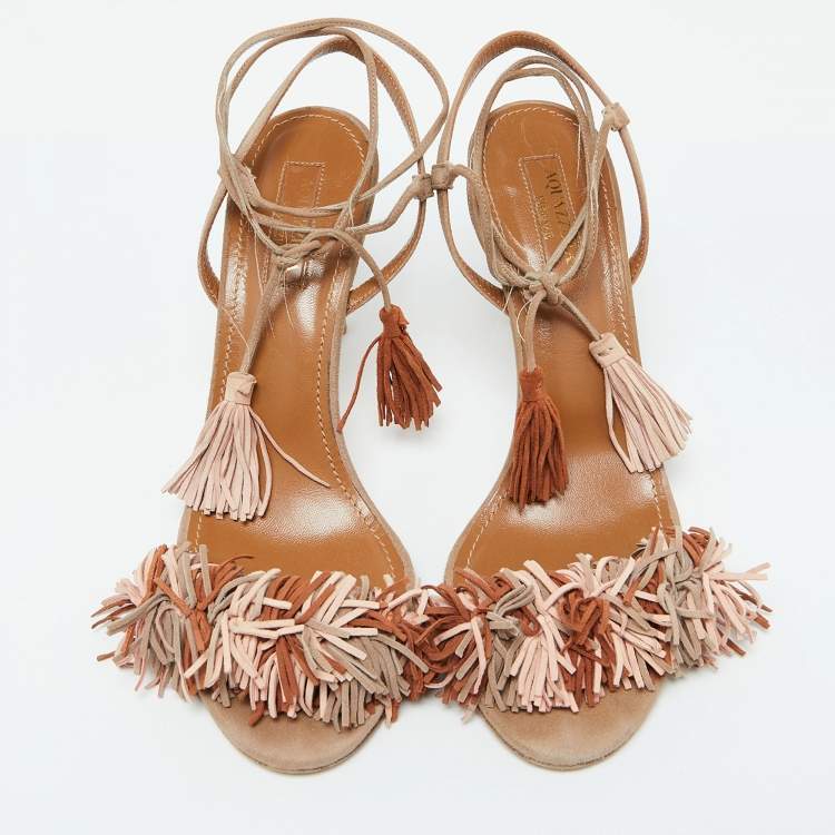 Pre Owned Aquazzura Multicolor Suede Wild Thing Fringe Ankle Strap Sandals Size 37