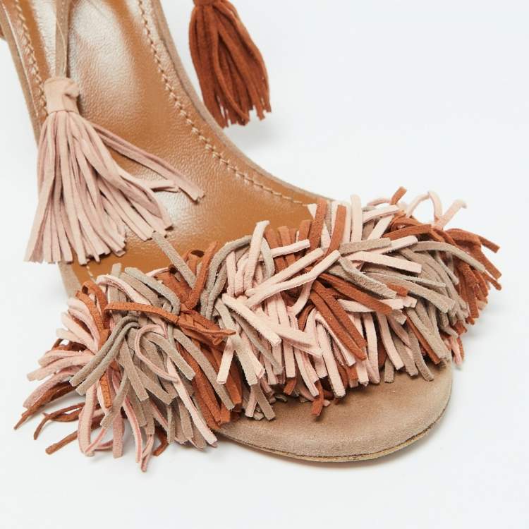 Pre Owned Aquazzura Multicolor Suede Wild Thing Fringe Ankle Strap Sandals Size 37
