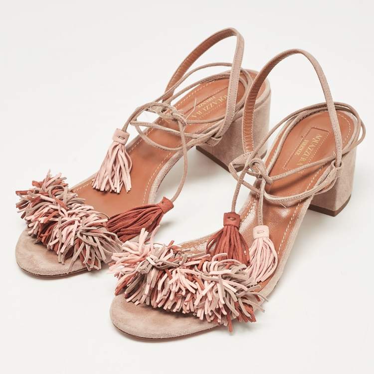 مملوكة مسبقًا Aquazzura Multicolor Suede Fringe Wild Thing Ankle Strap Sandals Size 39.5