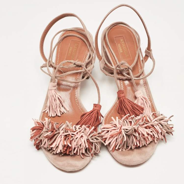 مملوكة مسبقًا Aquazzura Multicolor Suede Fringe Wild Thing Ankle Strap Sandals Size 39.5