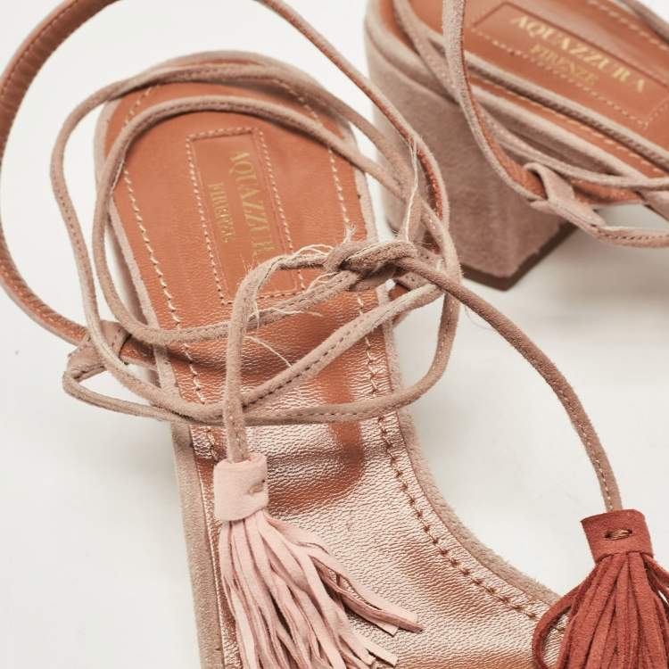 مملوكة مسبقًا Aquazzura Multicolor Suede Fringe Wild Thing Ankle Strap Sandals Size 39.5