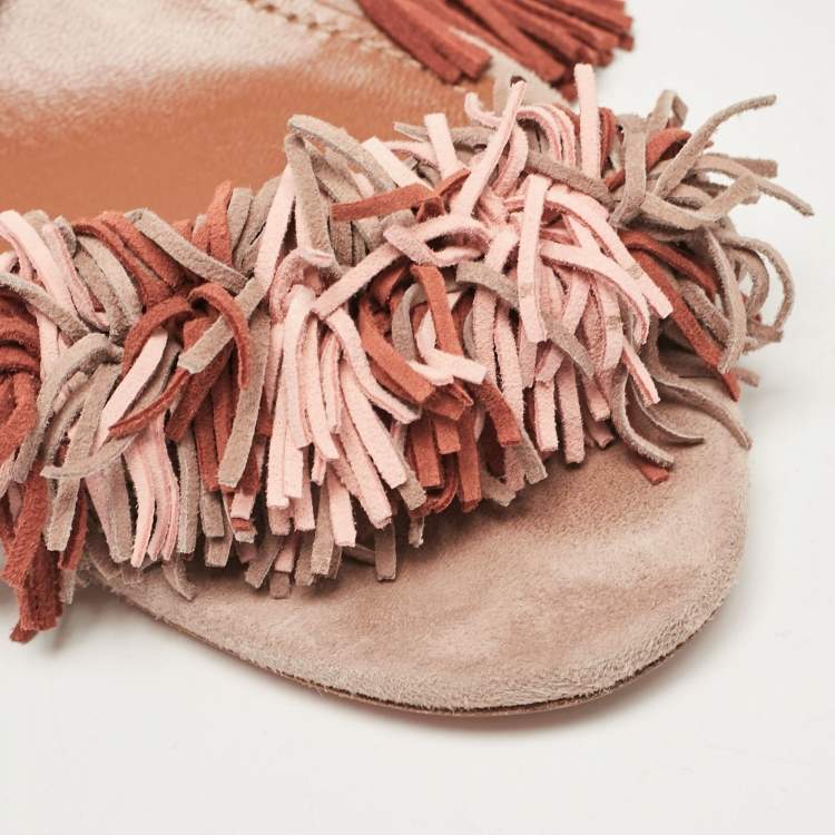 مملوكة مسبقًا Aquazzura Multicolor Suede Fringe Wild Thing Ankle Strap Sandals Size 39.5