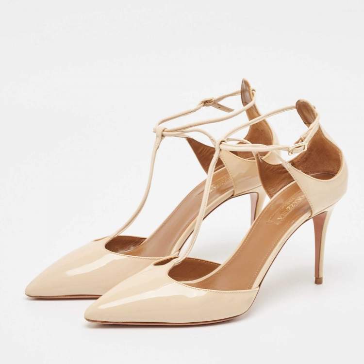 مملوكة مسبقًا Aquazzura Beige Patent Leather T-Bar Ankle Strap Pumps Size 39