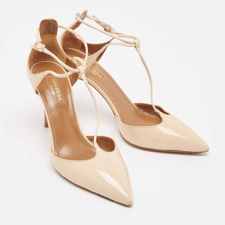 مملوكة مسبقًا Aquazzura Beige Patent Leather T-Bar Ankle Strap Pumps Size 39