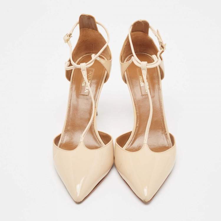 مملوكة مسبقًا Aquazzura Beige Patent Leather T-Bar Ankle Strap Pumps Size 39