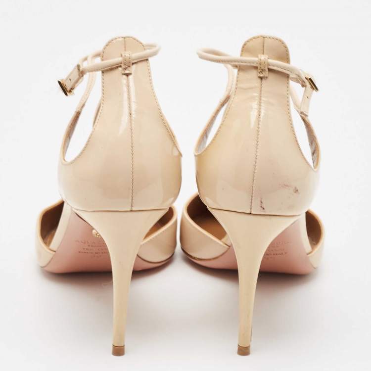 مملوكة مسبقًا Aquazzura Beige Patent Leather T-Bar Ankle Strap Pumps Size 39