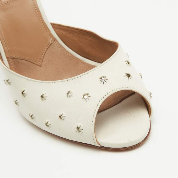 Pre Owned Aquazzura White Leather Crystal Studded Slide Sandals Size 38