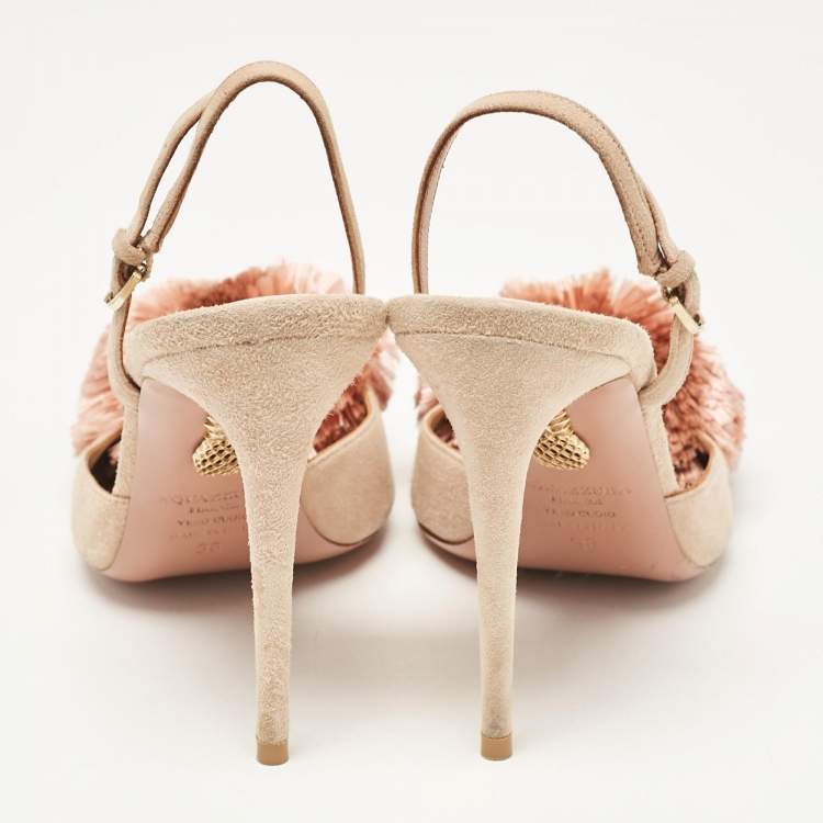 Pre Owned Aquazzura Beige Suede Powder Puff Pointed Toe Slingback Sandals Size 38