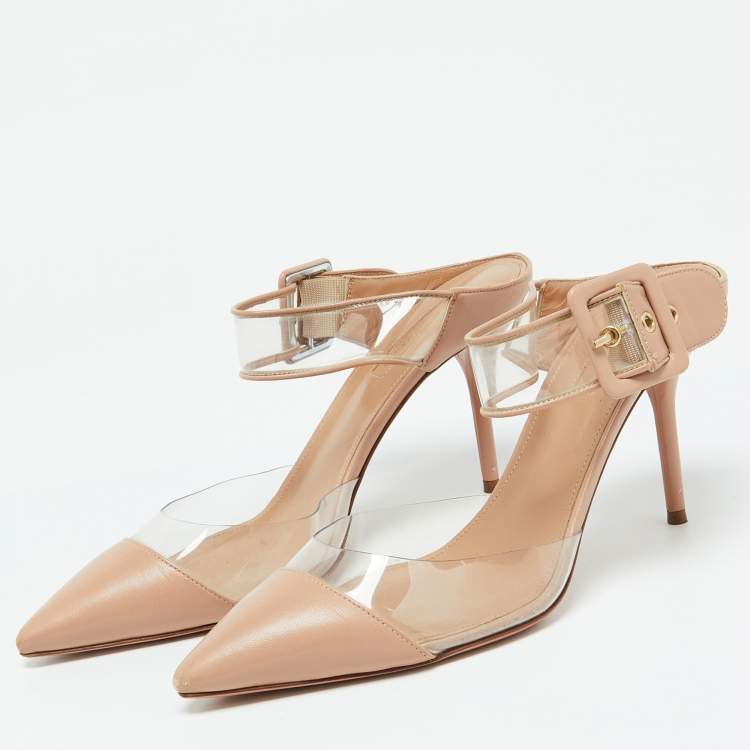 Pre Owned Aquazzura Beige Leather and PVC Optic Buckle Pointed Toe Mules Size 39