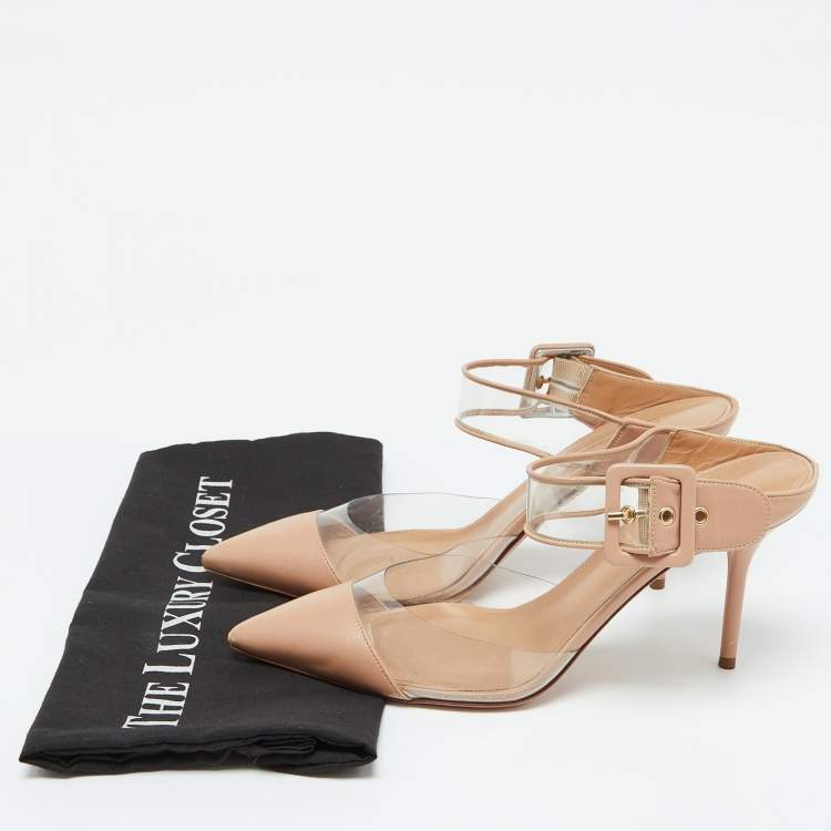 Pre Owned Aquazzura Beige Leather and PVC Optic Buckle Pointed Toe Mules Size 39