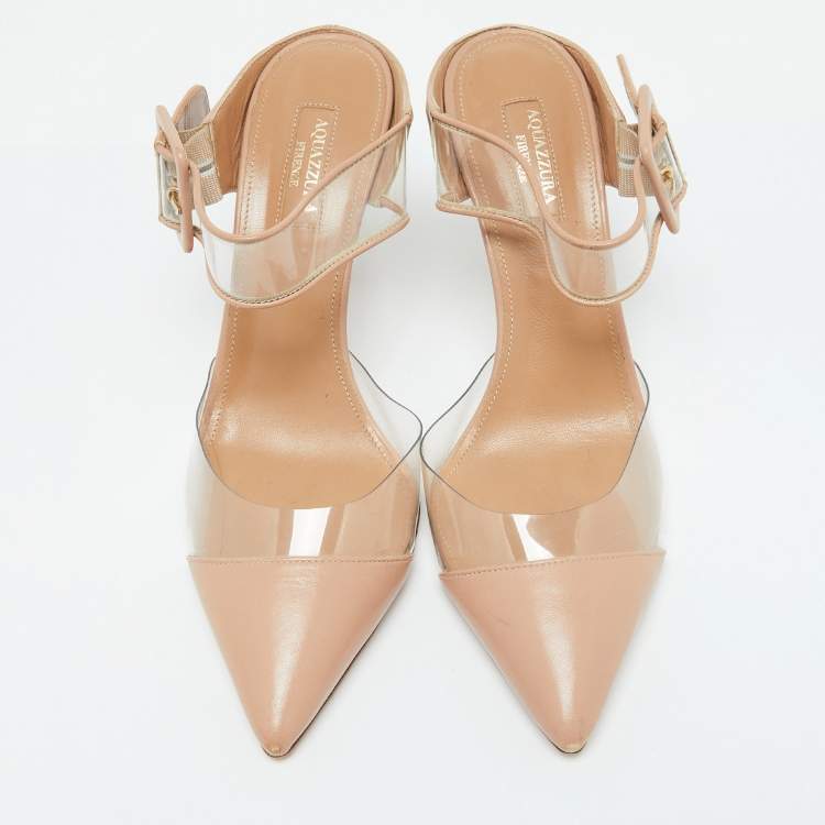 Pre Owned Aquazzura Beige Leather and PVC Optic Buckle Pointed Toe Mules Size 39