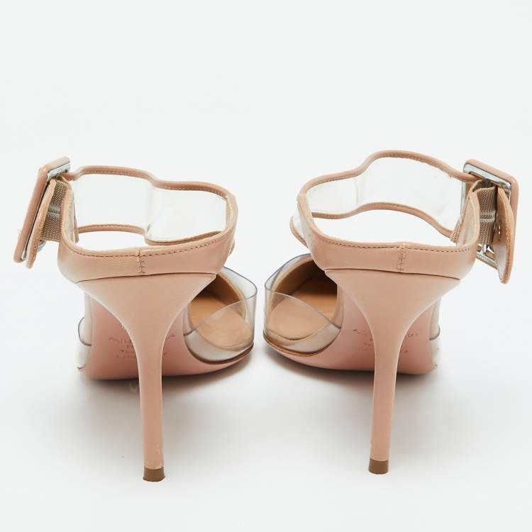 Pre Owned Aquazzura Beige Leather and PVC Optic Buckle Pointed Toe Mules Size 39